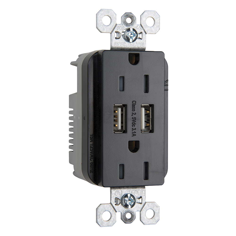 TR5262USBBK 15 Amp 125V Fed Spec-Grade USB Type A/A Outlet, Black