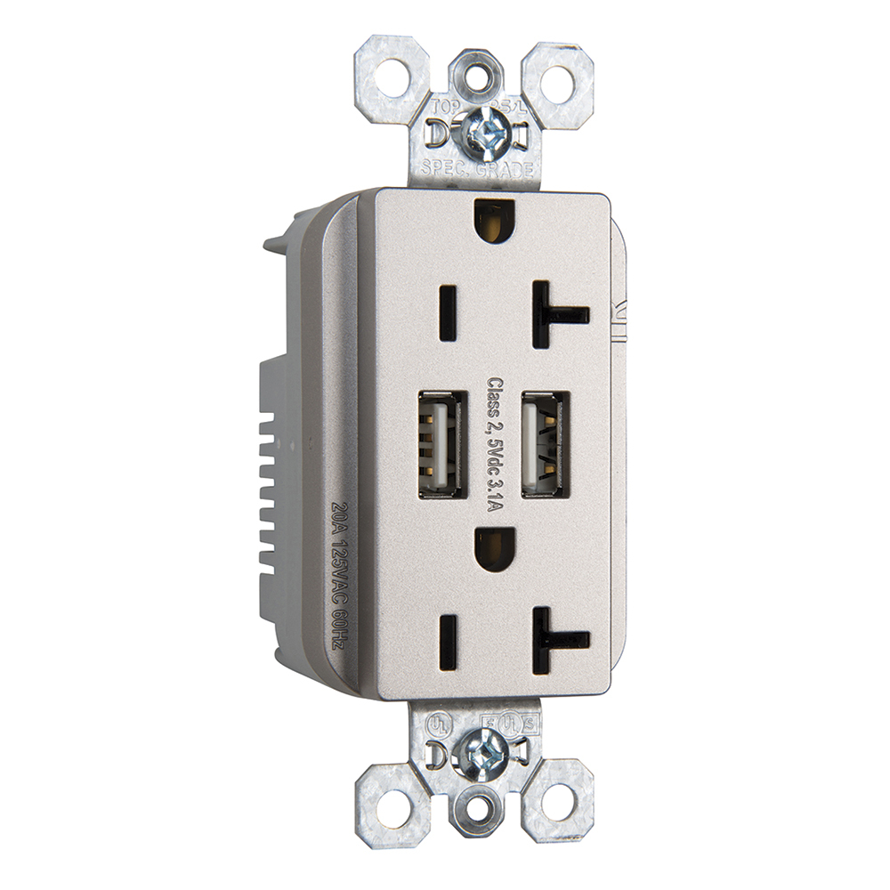 TR5362USBNI 20 Amp 125V Fed Spec-Grade USB Type A/A Outlet, Nickel