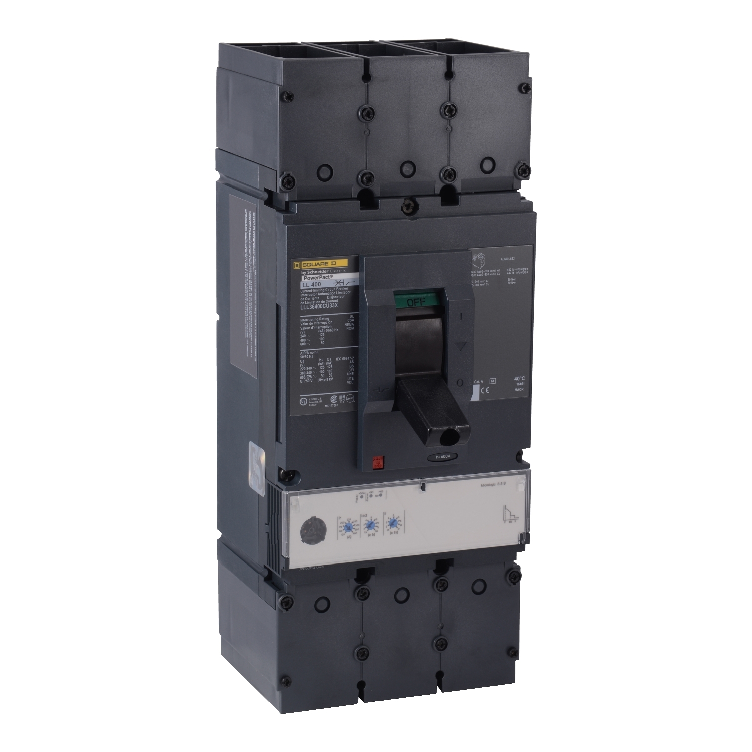 LDL36600U33X PowerPact Current Limiter Standard L Molded Case Circuit Breaker, 600 VAC, 600 A, 14/18/25 kA Interrupt, 3 Poles, Electronic Trip