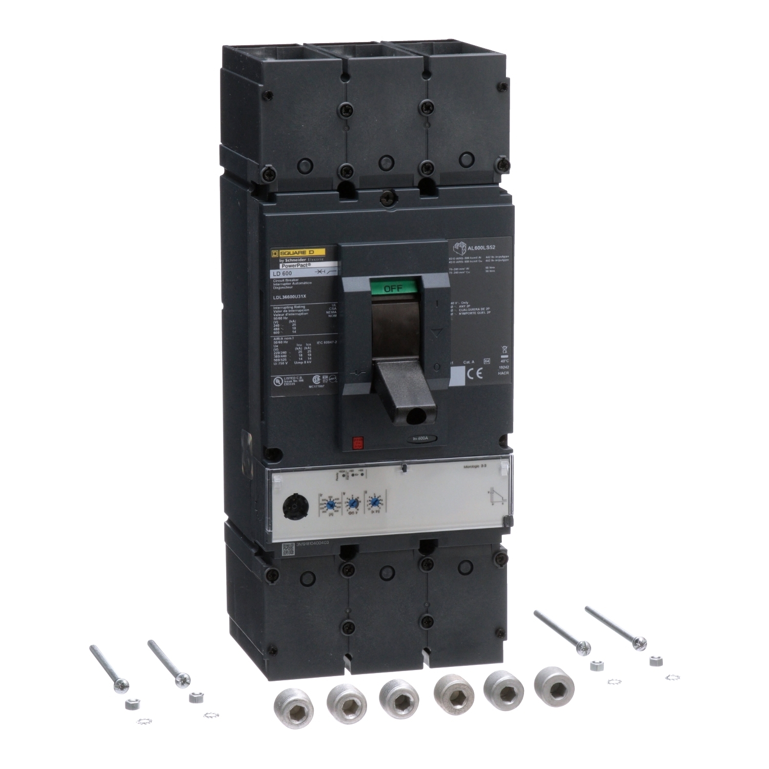 LDL36600U31X PowerPact 80% Rated Molded Case Circuit Breaker, 600 V AC, 600 A, 14 kA Interrupt, 3 Poles, Electronic Trip