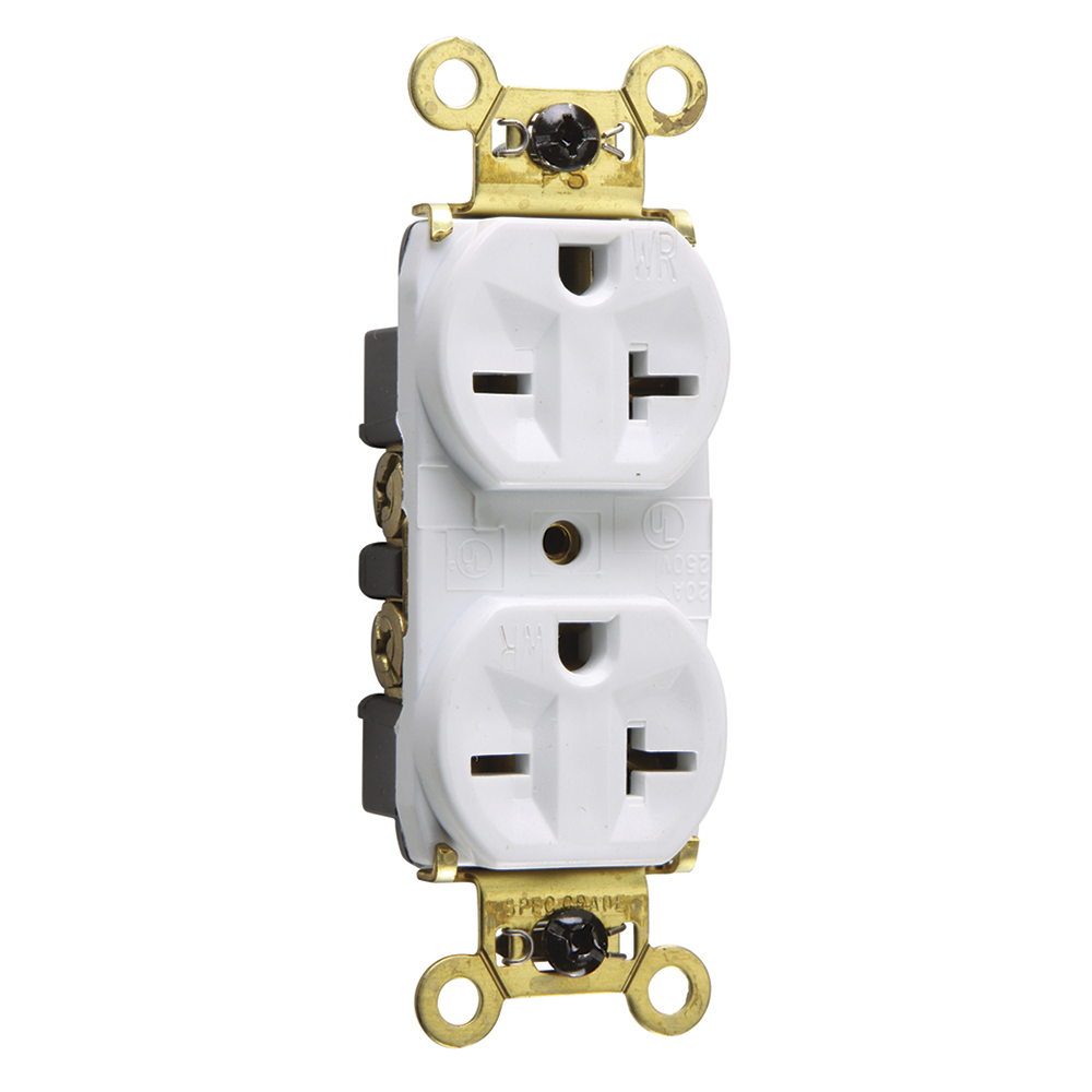 WR5862W 3-Phase Duplex Heavy Duty Tamper-Resistant Weather-Resistant Straight Blade Receptacle, 250 V AC, 20 A, 2 Poles, 3 Wires, White
