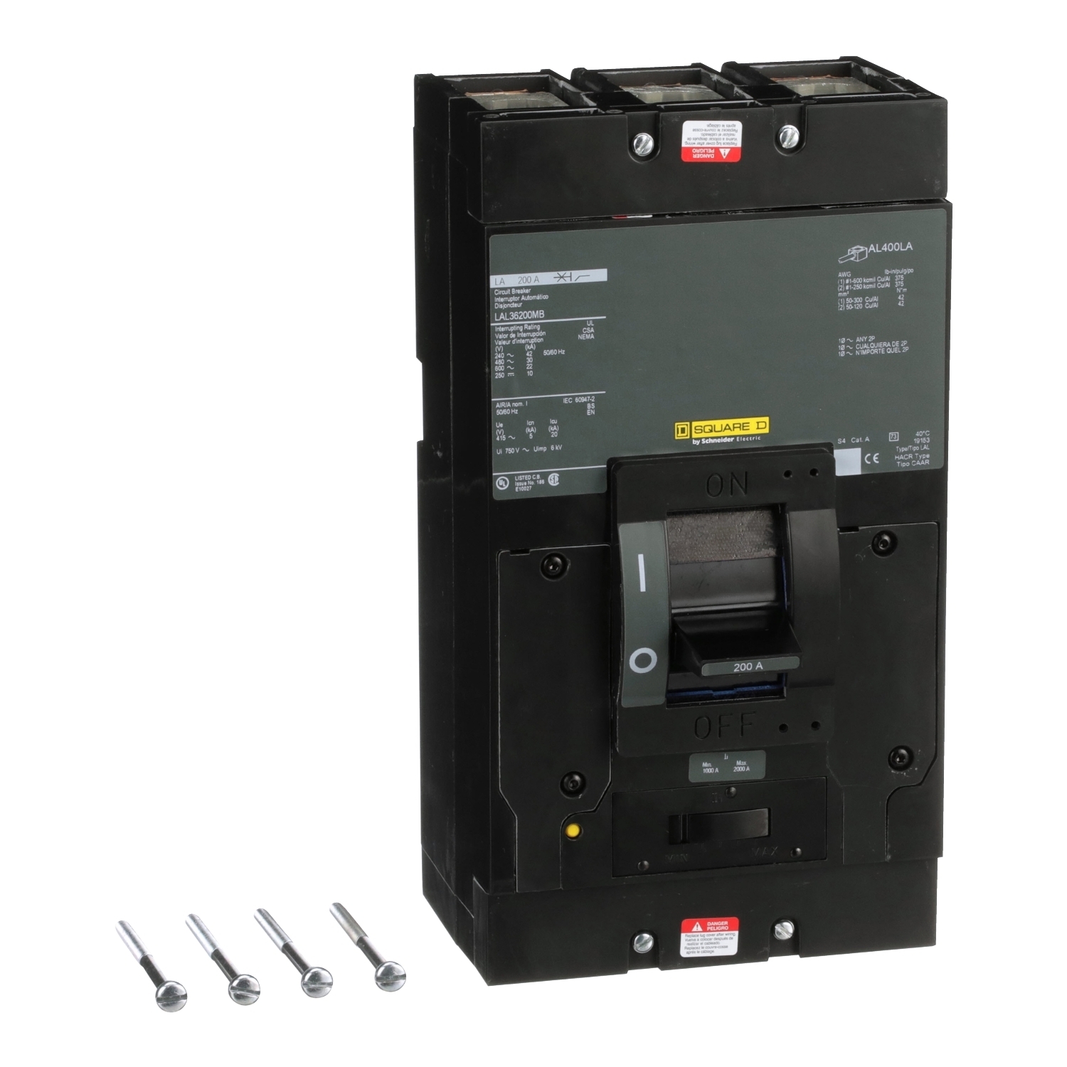 LAL36200MB PowerPact Adjustable Standard Interrupt Molded Case Circuit Breaker, 600 VAC, 250 VDC, 200 A, 10/22/30/42 kA Interrupt, 3 Poles, Thermal Magnetic Trip