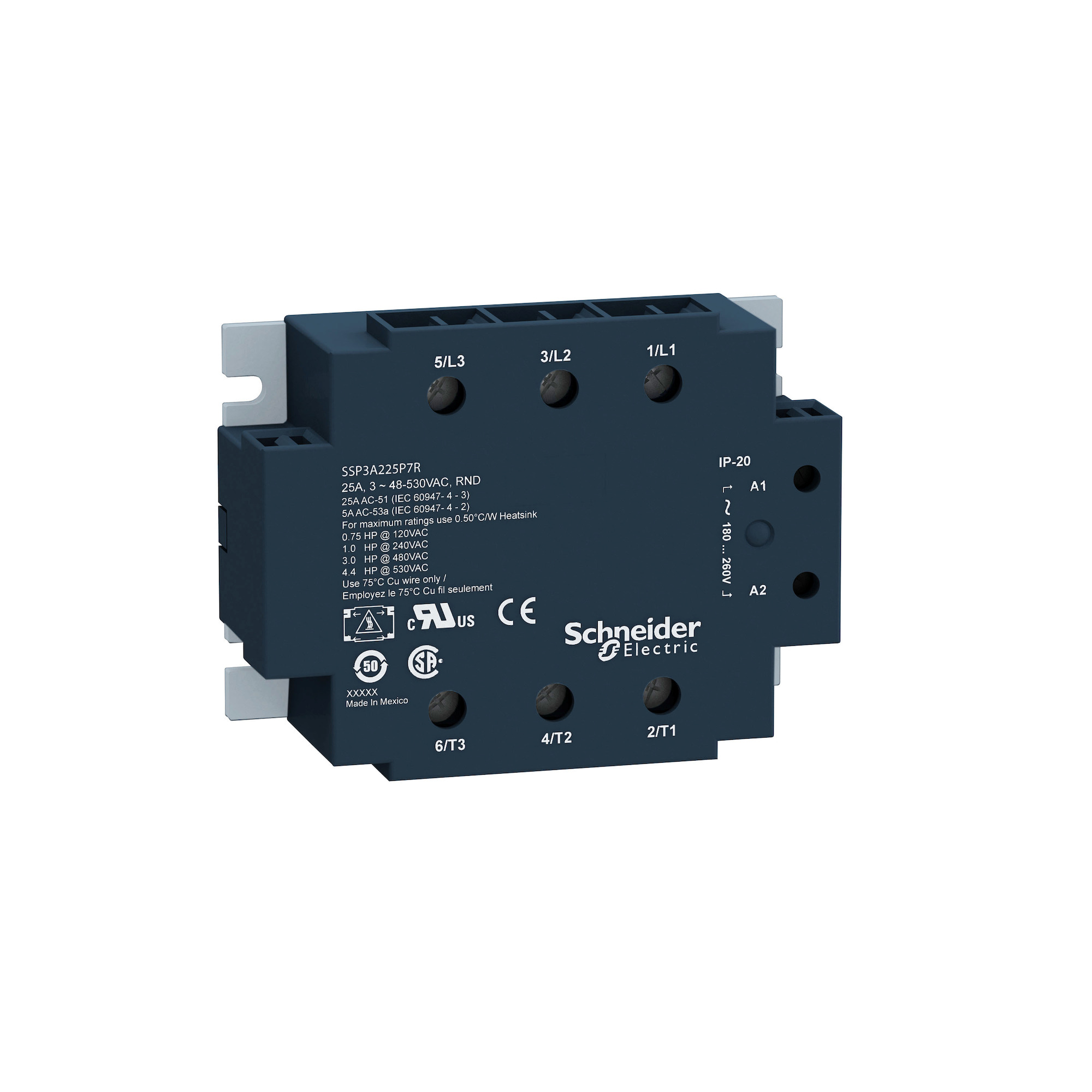 SSP3A250P7 Zelio 3-Phase Zero Voltage Switching Solid State Relay, 50 A, 1NO 1 Form A SPST Contact, 180 to 280 V AC V Coil