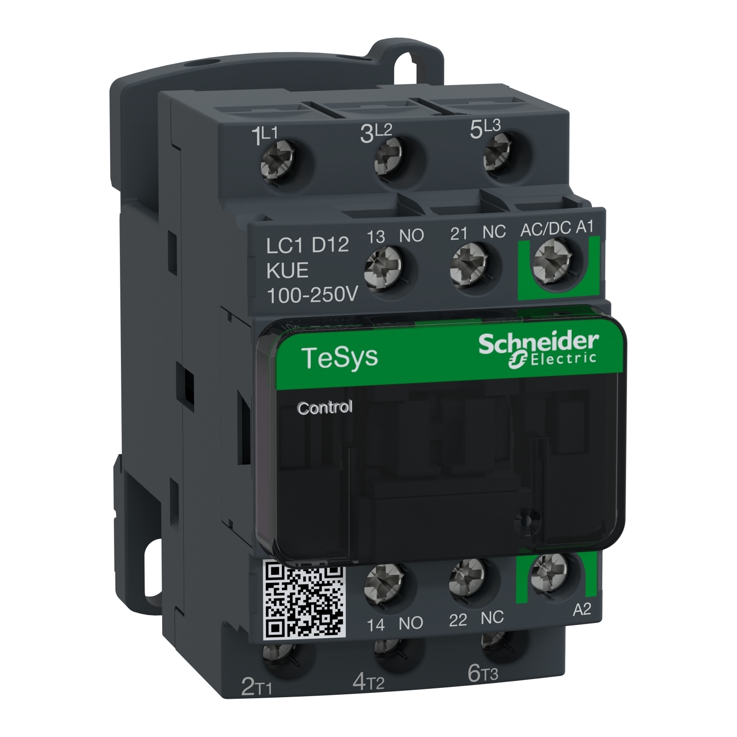 LC1D12KUE TeSys D Non-Reversing Green IEC Contactor With Front Cover, 100 to 250 V AC/DC V Coil, 12 A, 1NO-1NC/3NO Contact, 3 Poles