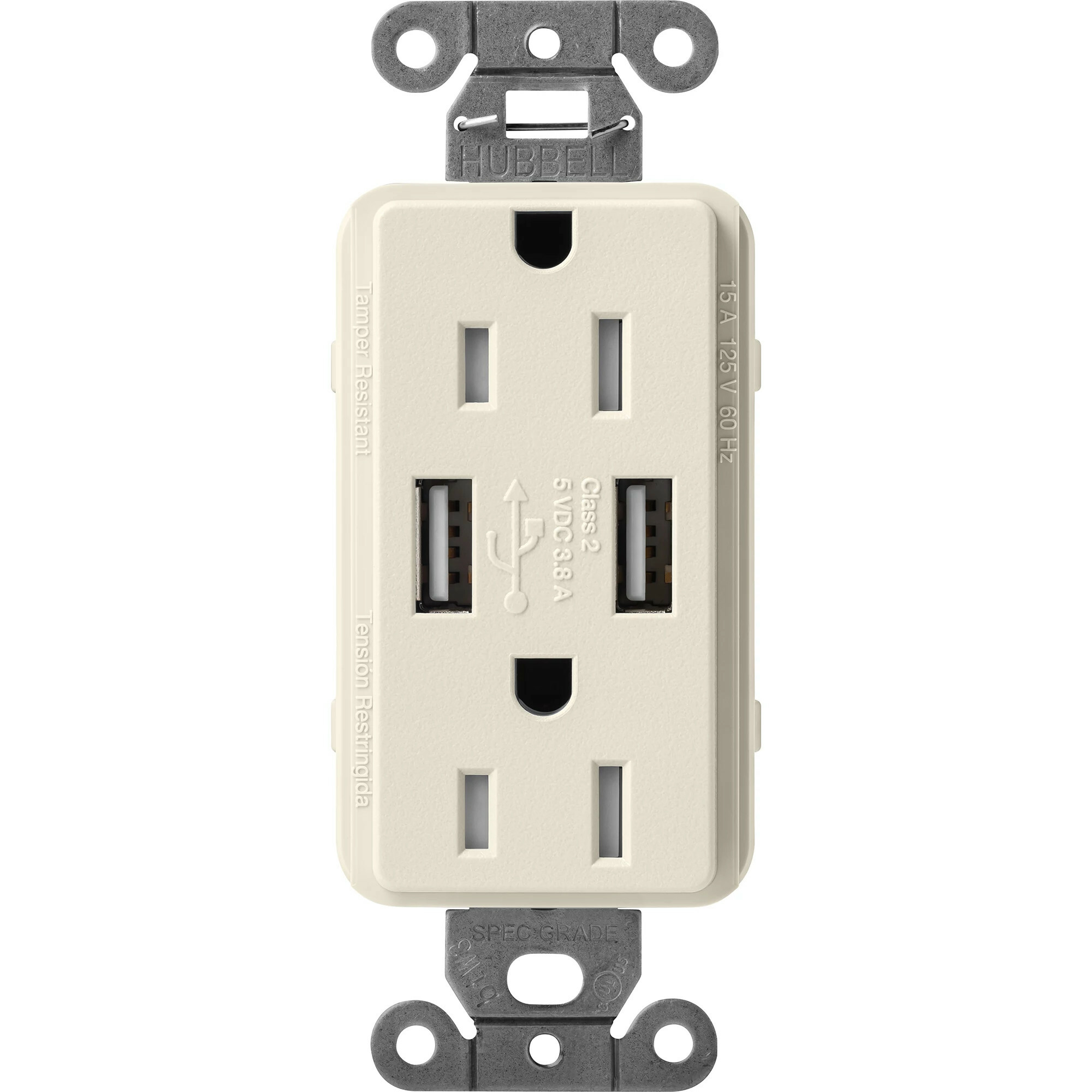 SCR-15-UBTR-PM Claro Tamper-Resistant USB-A Duplex Receptacle, Decorator-Style Outlet, 15 Amp, Self-Testing, Satin, Pumice