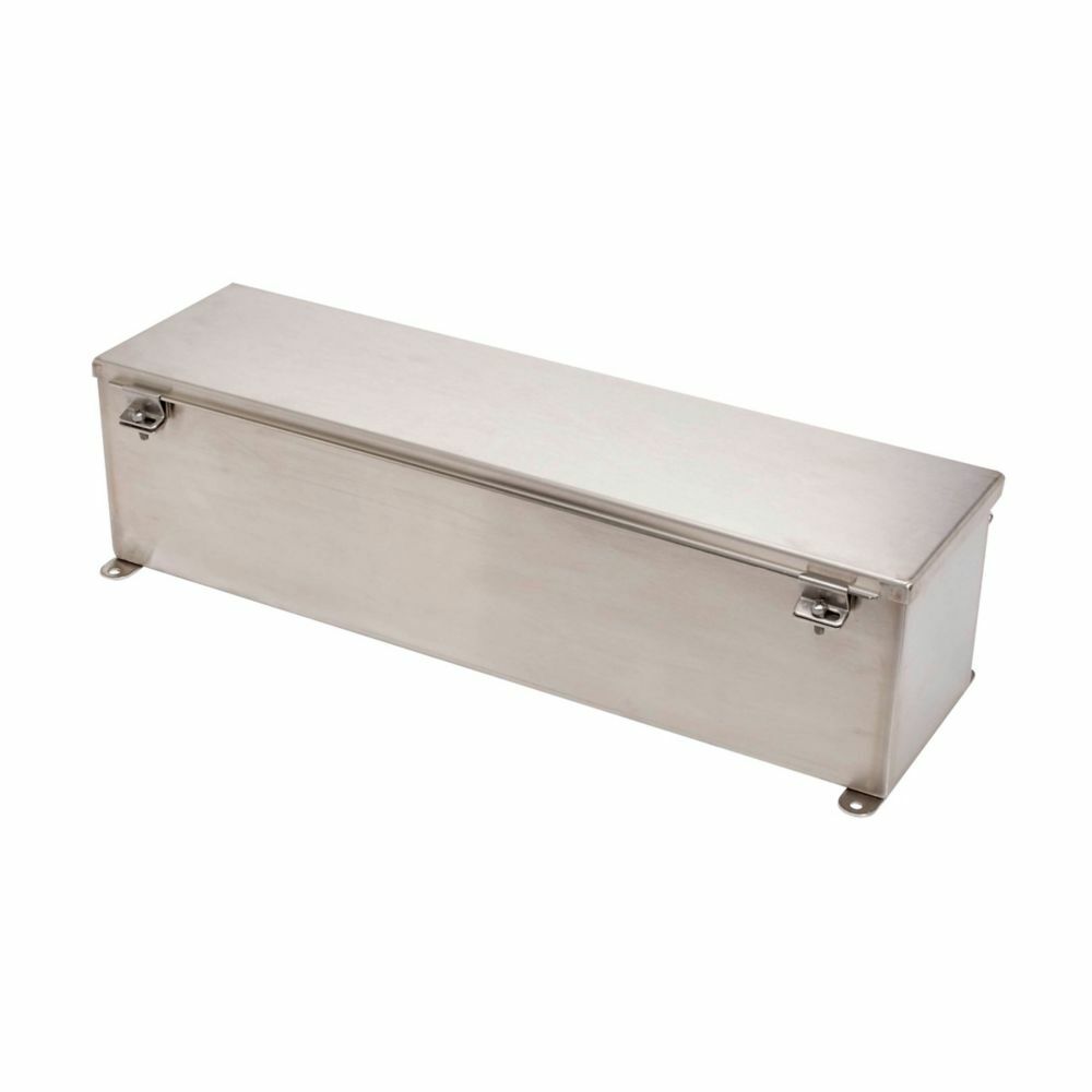 Eaton B-Line series wiring trough, 4" height, 18" length, 4" width, 4XSWT wiring trough, Welded external mounting feet, Hinged cover, NEMA 4X, 304 stainless steel, Seamless poured in-place, Hinged, #4 brushed finish, 14 gauge