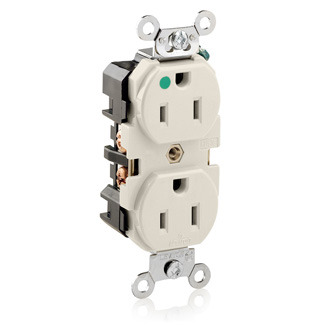 8200-T 1-Phase Duplex Extra Heavy Duty Straight Blade Receptacle, 125 V AC, 15 A, 2 Poles, 3 Wires, Light Almond