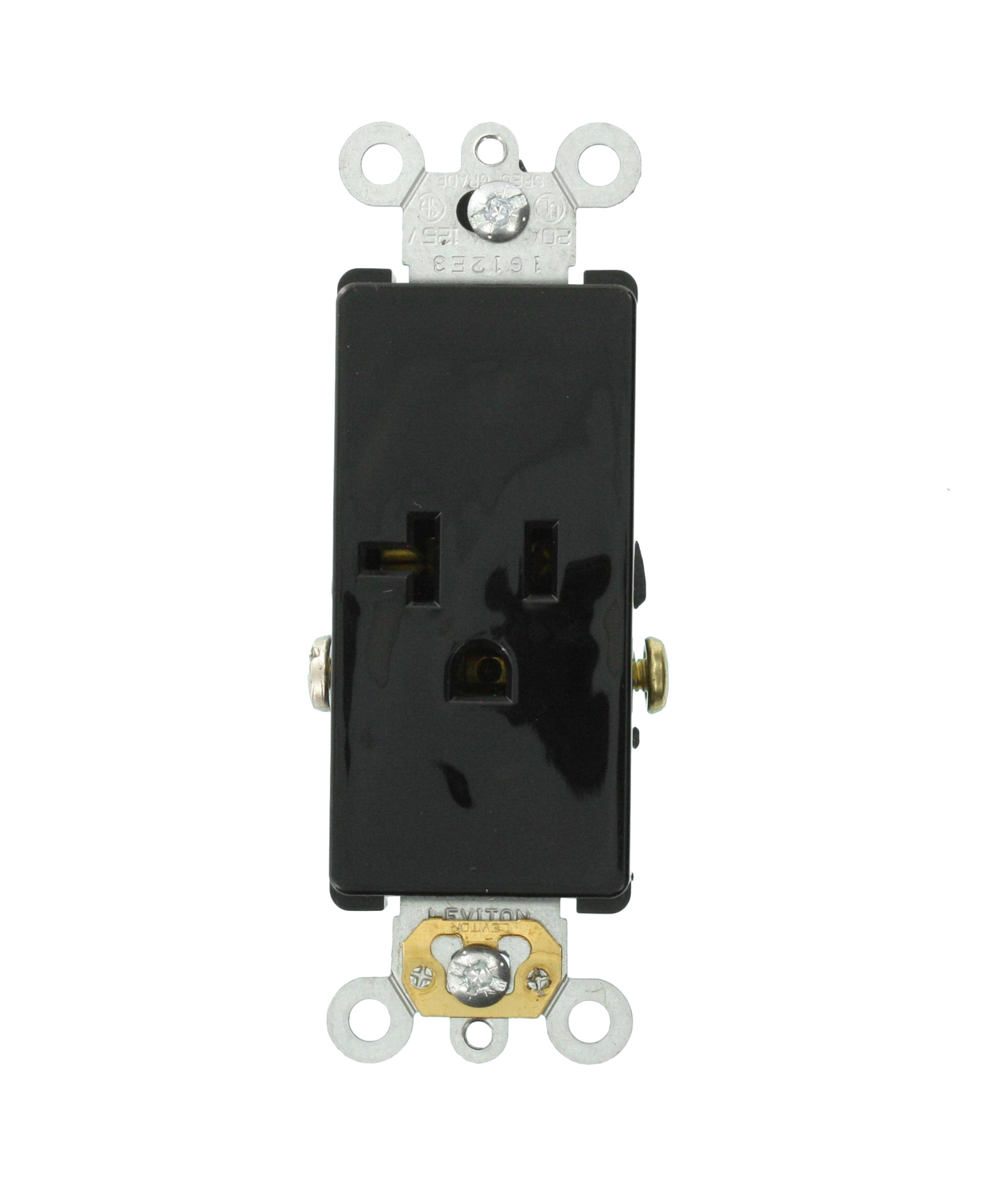 16341-E Decora Plus 1-Phase Heavy Duty Self-Grounding Single Straight Blade Receptacle, 125 V AC, 20 A, 2 Poles, 3 Wires, Black