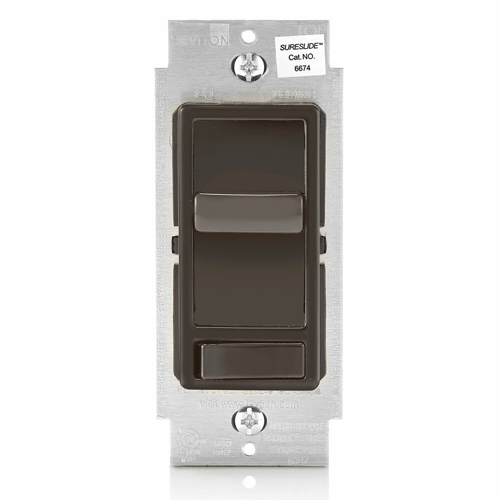 6674-P0B Decora SureSlide 3-Way Dimmable Electro-Mechanical Universal Dimmer Switch, 120 V AC, 1 Pole, Standard On/Off Operation, Brown