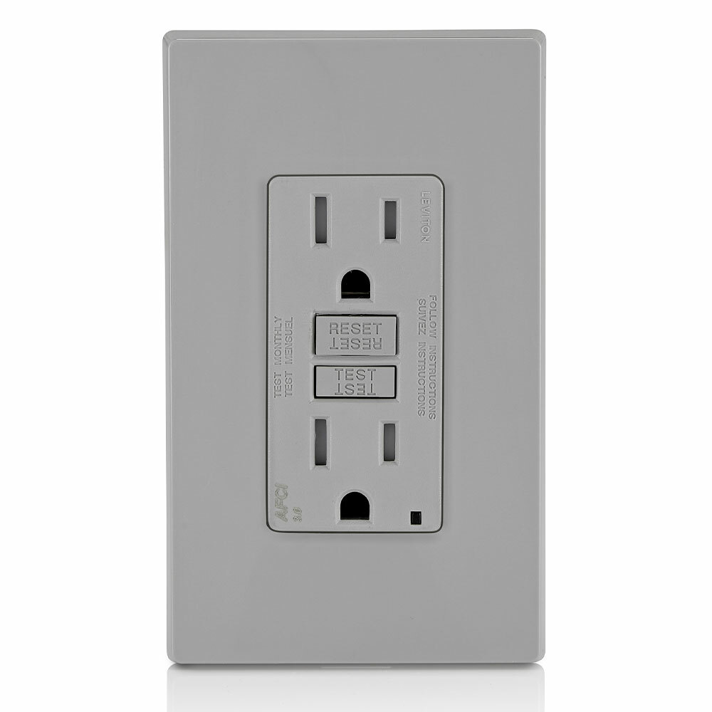 AFTR1-GY SmartlockPro Duplex AFCI Receptacle With LED Indicator, 125 V AC, 15 A, 2 Poles, 3 Wires, Gray