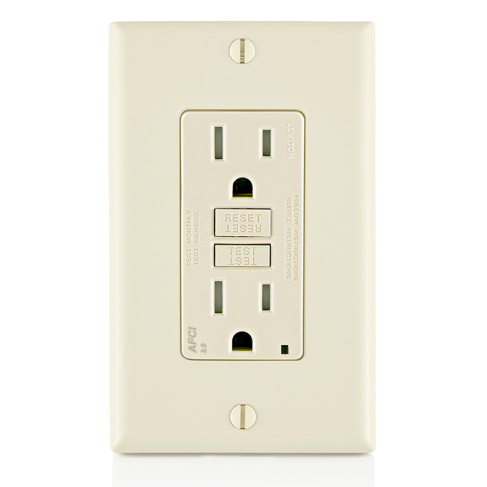 AFTR1-T SmartlockPro Duplex AFCI Receptacle With LED Indicator, 125 V AC, 15 A, 2 Poles, 3 Wires, Light Almond
