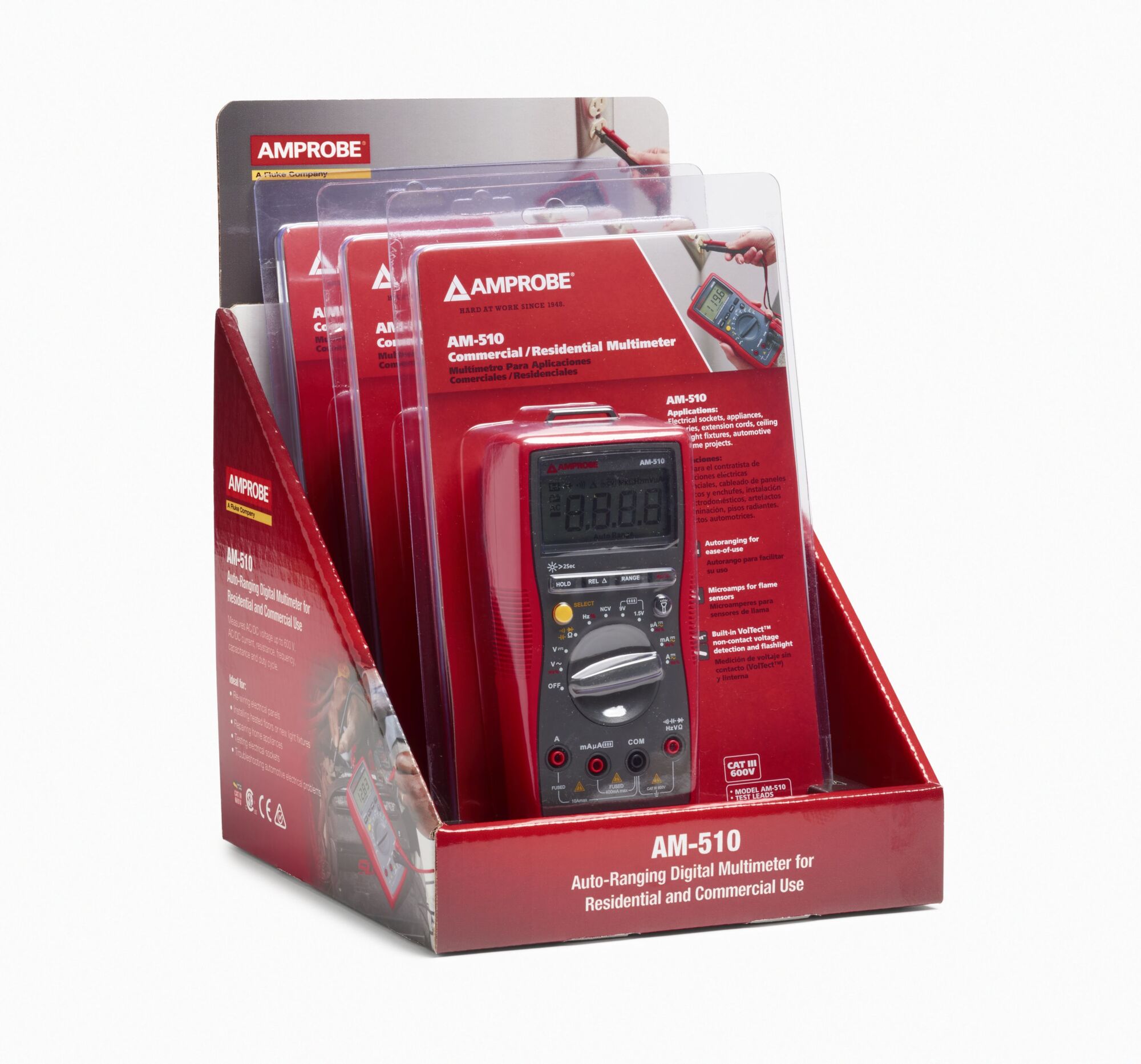 AM-520 Digital Multimeter, 4 to 600 VAC/VDC, 400 mVAC/mVDC, 400 to 4000 uA, 40 to 400 mA, 4 to 10 A, 400 Ohm/4 to 400 kOhm/4 to 40 MOhm, Backlit LCD Display