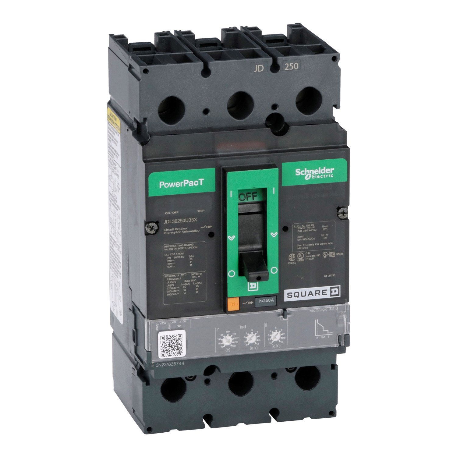 JDL36250U33X Molded Case Circuit Breaker, 250 Amp, 3 Pole, 600V