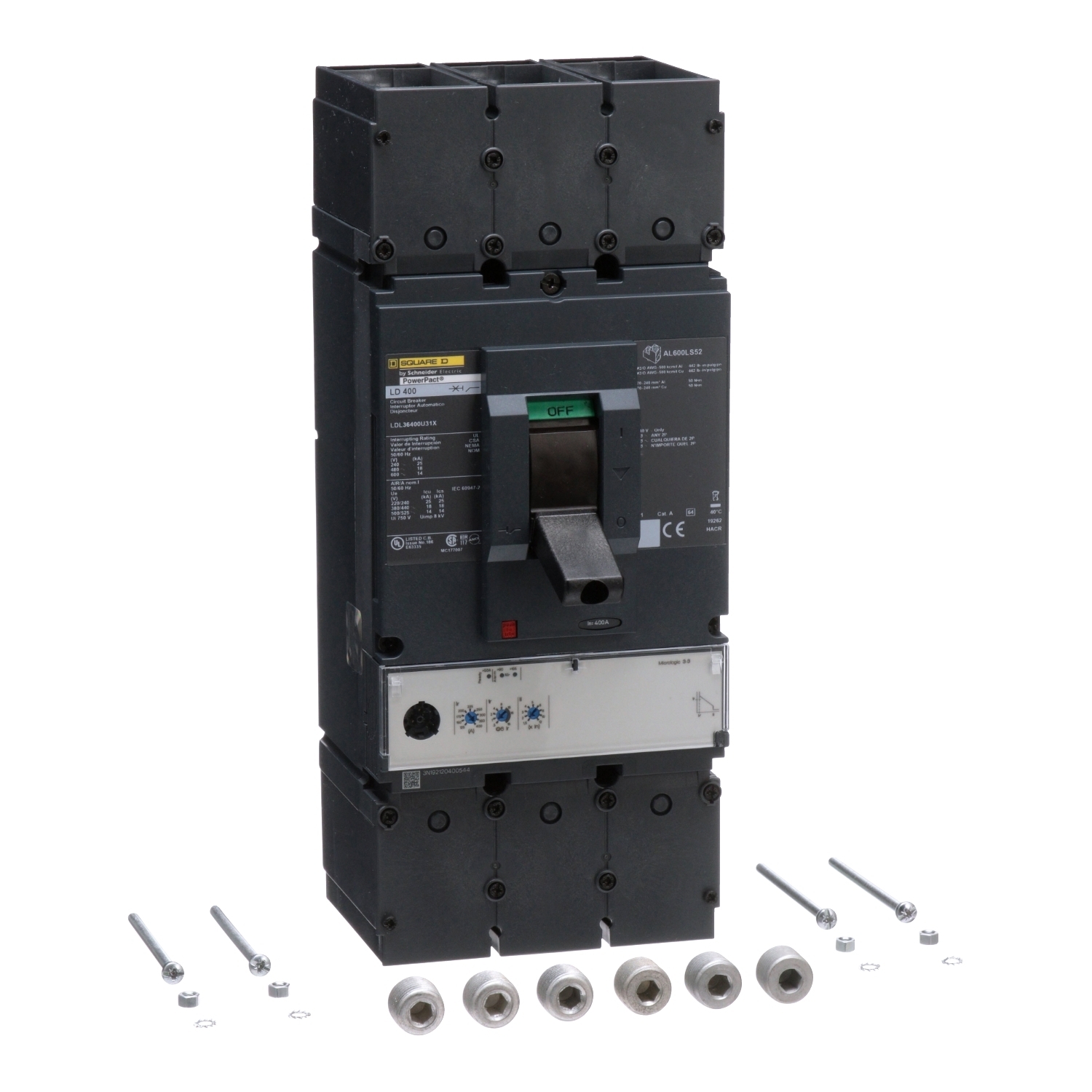 LDL36400U31X PowerPact 80% Rated Molded Case Circuit Breaker, 600 V AC, 400 A, 14 kA Interrupt, 3 Poles, Electronic Trip