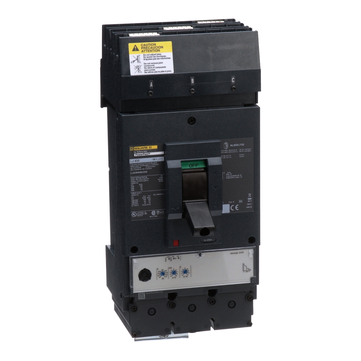 LJA36400U33X I-Line PowerPact Current Limiter Standard L Molded Case Circuit Breaker, 600 V AC, 400 A, 25/65/100 kA Interrupt, 3 Poles, Electronic Trip