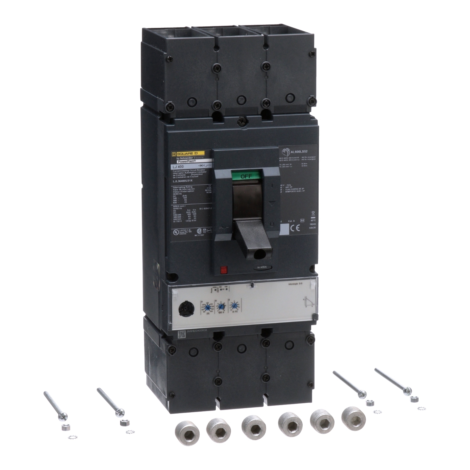 LJL36400U31X PowerPact 80% Rated Solid State Type LJL Molded Case Circuit Breaker, 600 V AC, 400 A, 25 kA at 600 V AC Interrupt, 3 Poles, Electronic Trip