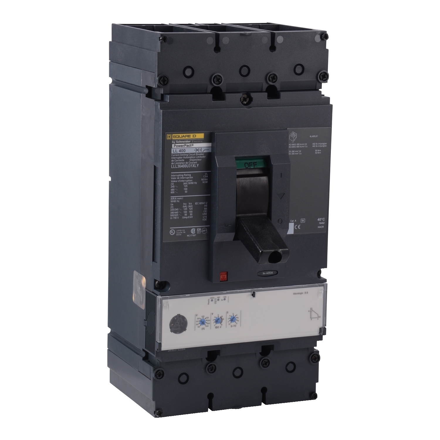 LLL36400U31X PowerPact Standard L Molded Case Circuit Breaker, 600 V AC, 400 A, 125 kA at 240 V AC/100 kA at 480 V AC/50 kA at 600 V AC Interrupt, 3 Poles, Electronic Trip