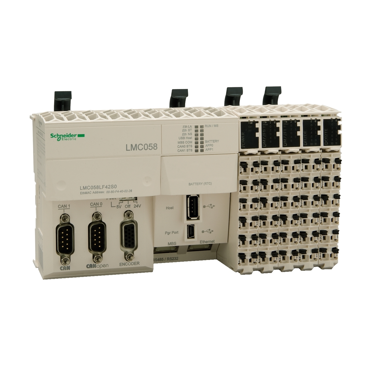 LMC058LF42 Modicon DIN Rail Mount Symmetrical Motion Controller, 20.4 to 28.8 VAC, 24 VDC, 0.04/0.28/10 A, 26 Inputs, 16 Outputs