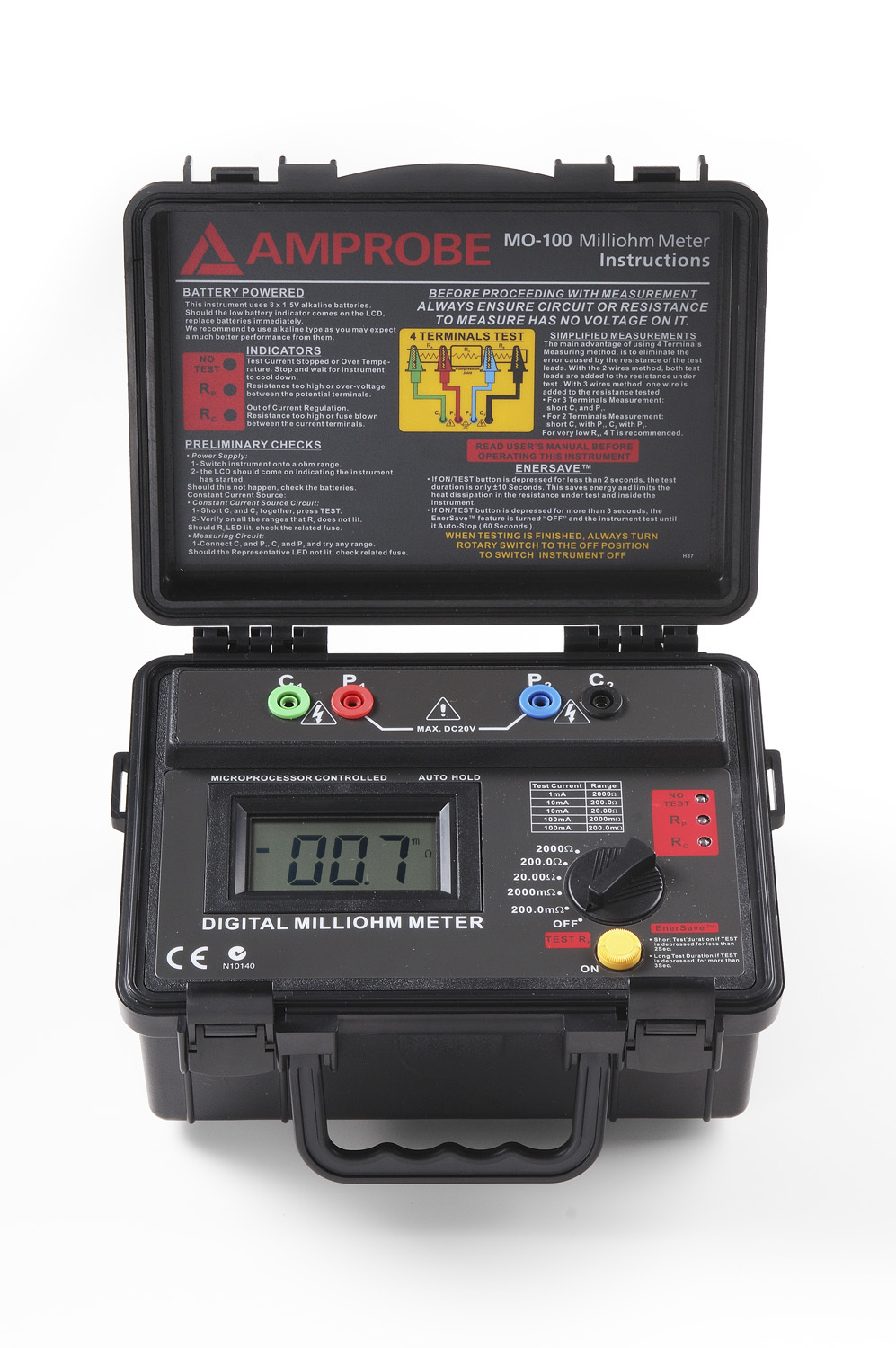 MO-100 Digital MilliOhm Meter, LCD Display, (8) 1.5 V DC AA Alkaline Batteries