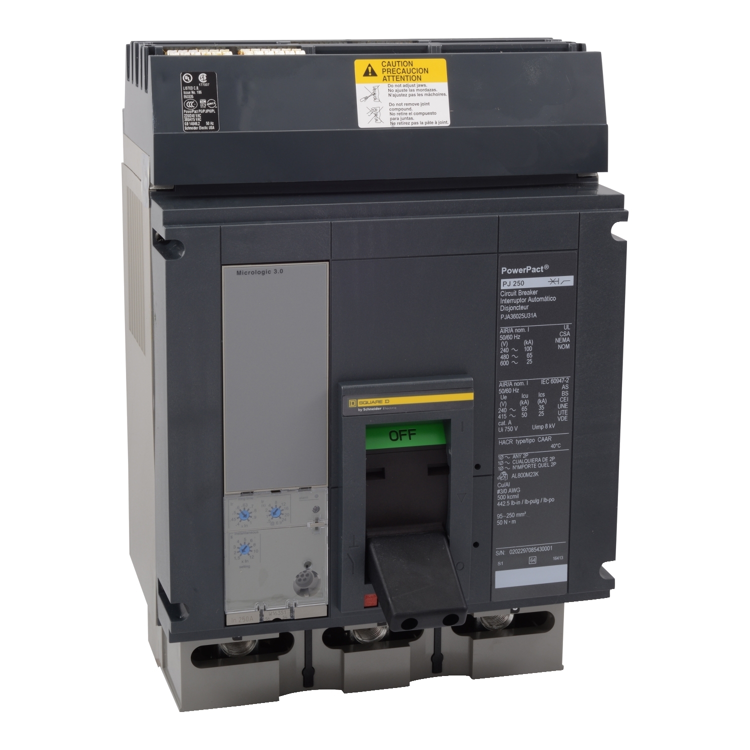 PJA36080U31A I-Line PowerPact Type PJA P Molded Case Circuit Breaker, 600 V AC, 800 A, 25/65/100 kA Interrupt, 3 Poles, Electronic Trip