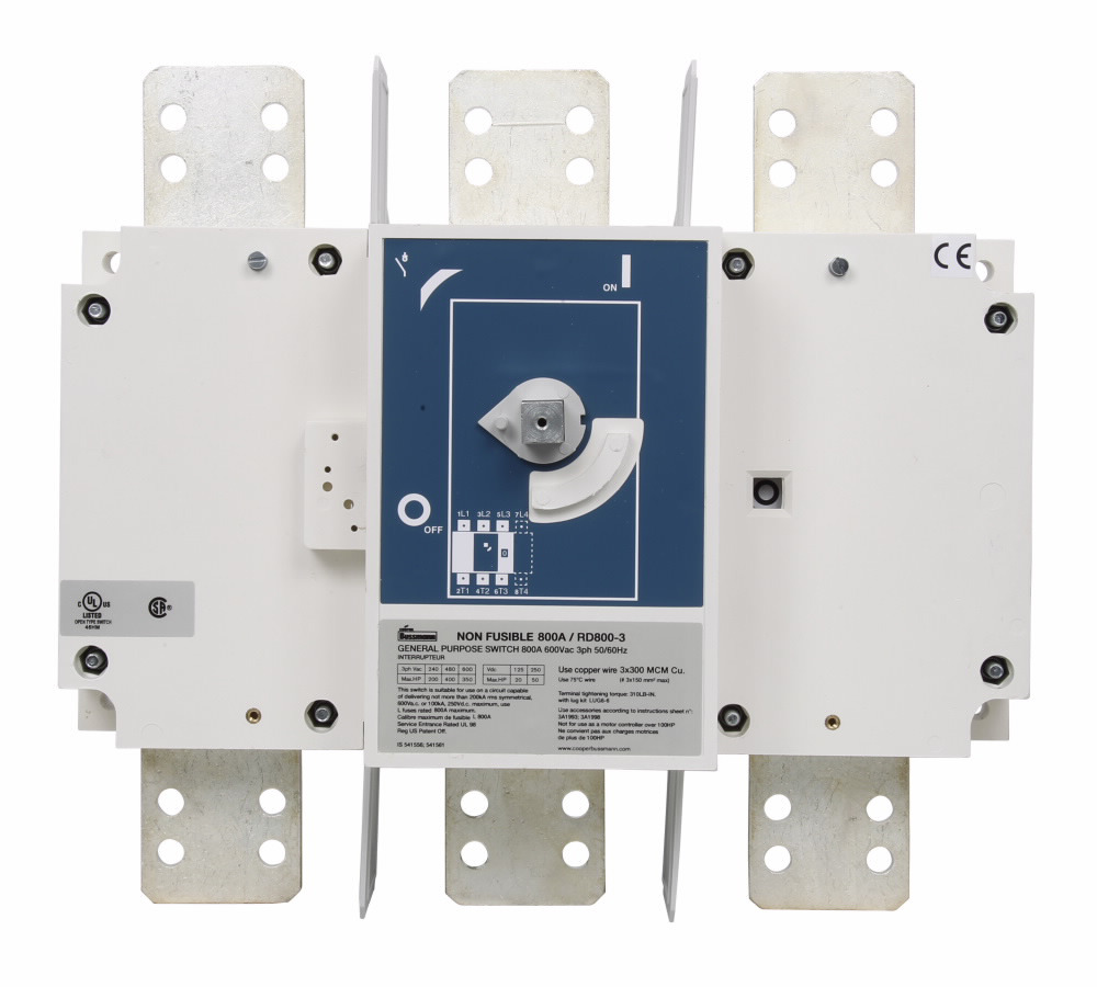 RD1200-3 Non-Fused Standard Open Rotary Disconnect Switch, 600 V AC, 1200 A, 200 hp at 220/240 V AC/500 hp at 440/480 V AC/500 hp at 600 V AC, 1NO-1NC 1 Form A/1 Form B Contact, 3 Poles