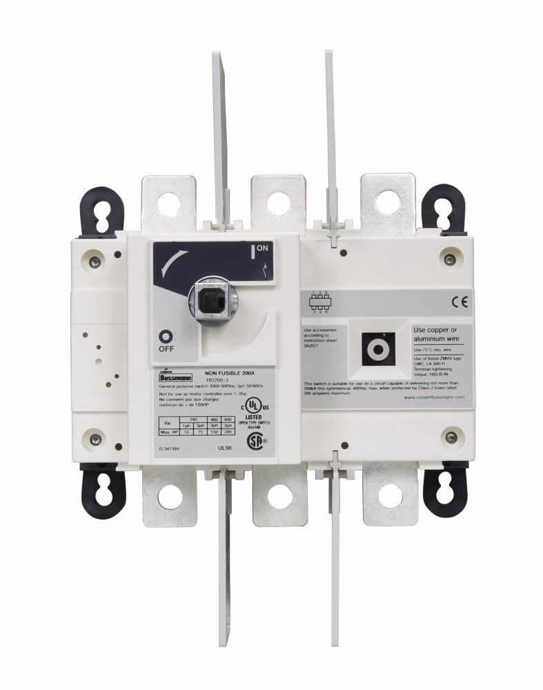 RD200-3 Non-Fused Standard Rotary Disconnect Switch, 600 V AC/250 V DC, 200 A, 10 hp, 75 hp at 220/240 VAC, 150 hp at 440/480 VAC, 200 hp at 600 VAC, 3 Poles