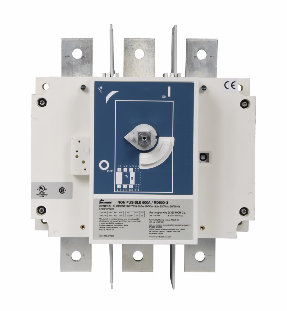 RD600-3 Non-Fused Standard Open Rotary Disconnect Switch, 600 V AC/250 V DC, 600 A, 240 hp at 220/240/400 to 440/480 VAC, 350 hp at 600 VAC, 1NO-1NC 1 Form A/1 Form B Contact, 3 Poles