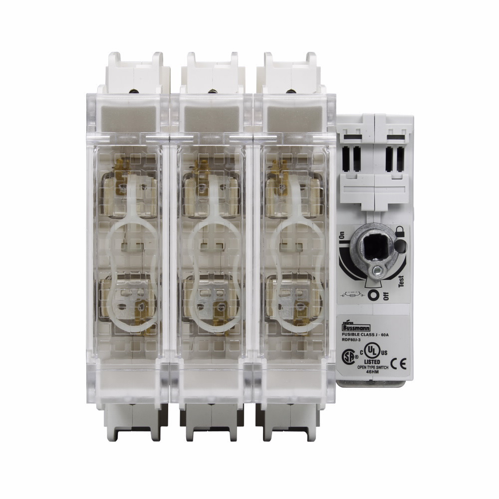 RDF60J-2 Class J Fused Standard Open Rotary Disconnect Switch, 600 V AC/250 V DC, 60 A, 10 hp at 220/240 VAC/5 hp at 125 VDC/10 hp at 250 VDC, 1NO-1NC 1 Form A/1 Form B Contact, 2 Poles