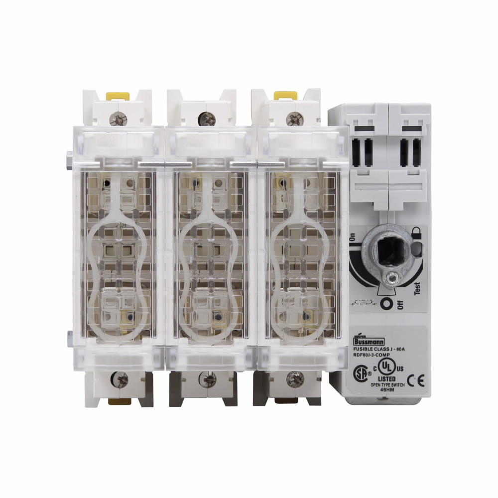 RDF60J-3-COMP Compact Class J Fused Open Rotary Disconnect Switch, 600 V AC/250 V DC, 60 A, 15 hp at 220/240 VAC, 30 hp at 440/480 VAC, 50 hp at 600 VAC, 5 hp at 125 VDC, 10 hp at 250 VDC, 1NO-1NC 1 Form A/1 Form B Contact, 3 Poles