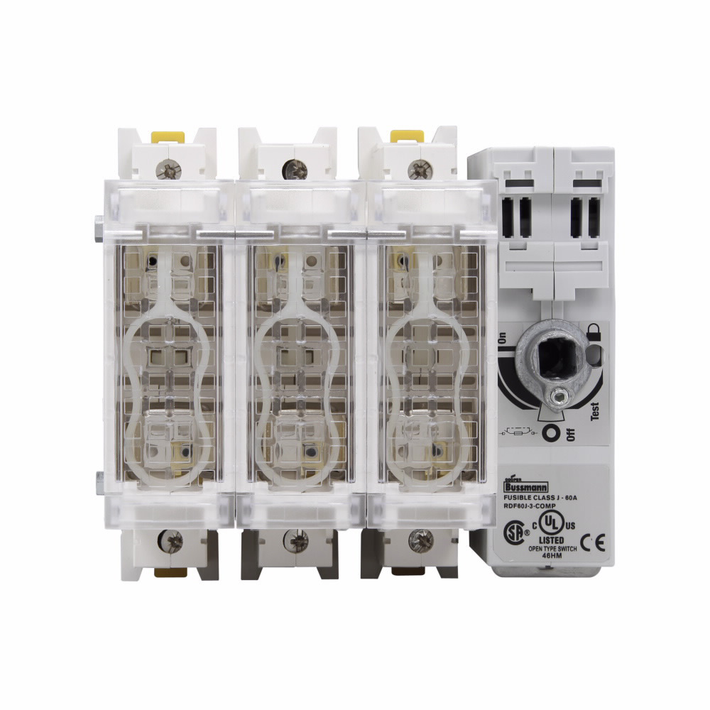 RDF60J-4-COMP Compact Class J Fused Open Rotary Disconnect Switch, 600 V AC/250 V DC, 60 A, 15 hp at 220/240 VAC/30 hp at 440/480 VAC/50 hp at 600 VAC/5 hp at 125 VDC/10 hp at 250 VDC, 1NO-1NC 1 Form A/1 Form B Contact, 4 Poles