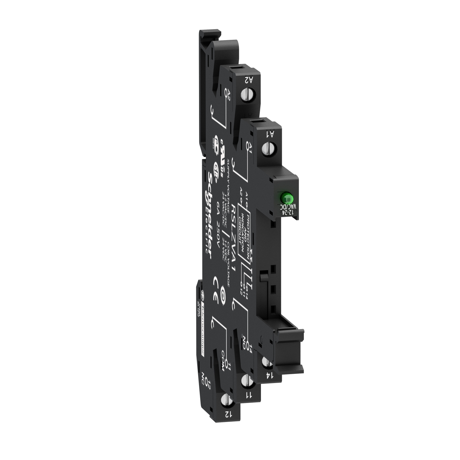 RSLZVA1 Zelio Flat Relay Socket With LED, Protection Circuit, 12 to 24 V AC/DC, 6 A, For Use With RSB (1CO) Plug-In Relay