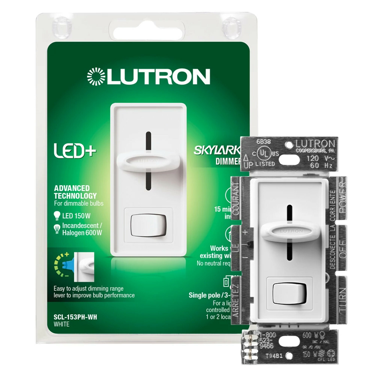 SCL-153PH-WH Skylark LED+ Dimmer Switch, No Neutral Required, 150W LED or 600W Incandescent/Halogen, 120V, 1 Pole/3-Way, White