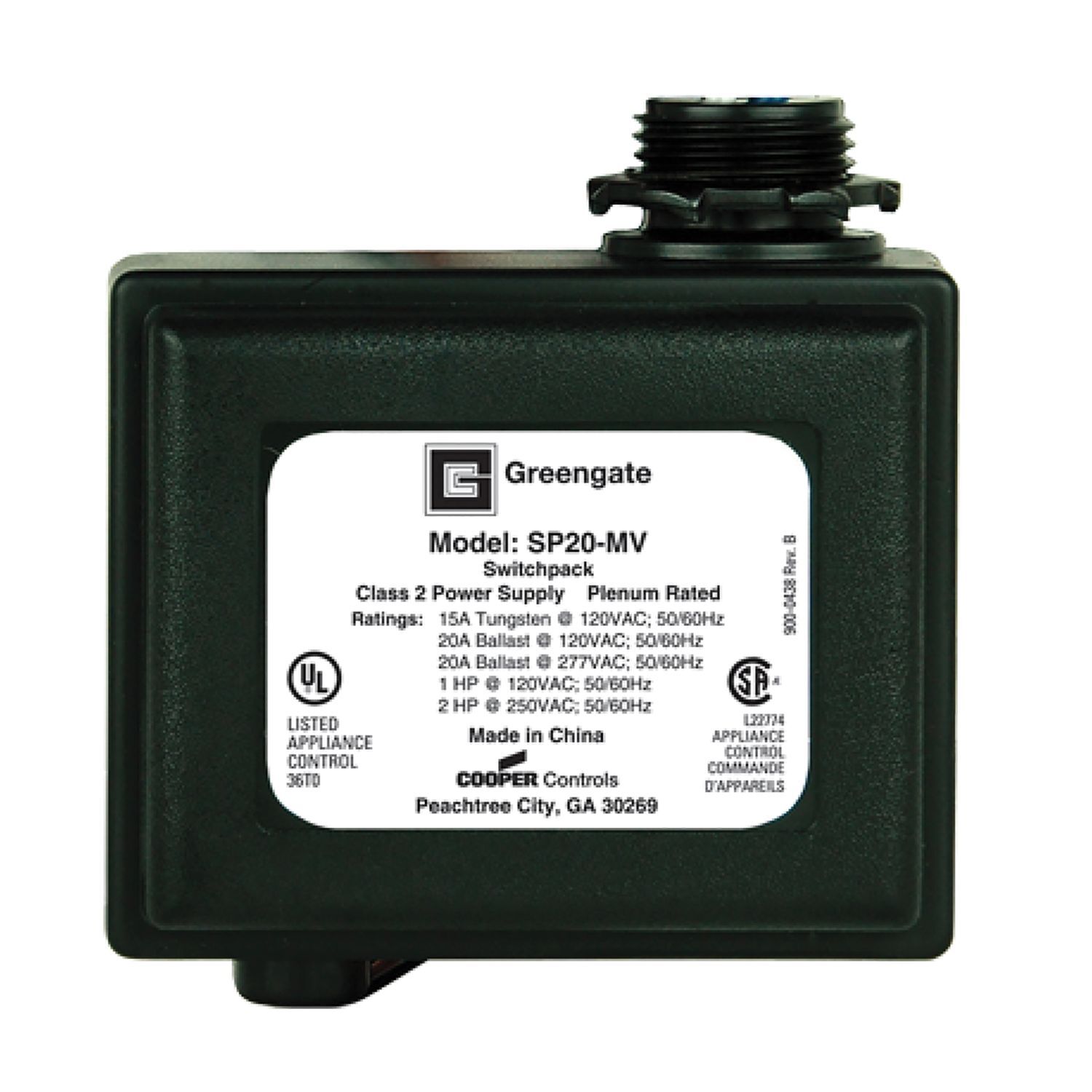 SP20-MV Greengate SP20 Heavy Duty Hardwired Switchpack, For Use With Low Voltage Greengate, 120/277 V AC, 50/60 Hz Electrical Rating, 125 mA Output Current, 15 V DC Output Voltage, 2400 to 5400 W, ABS