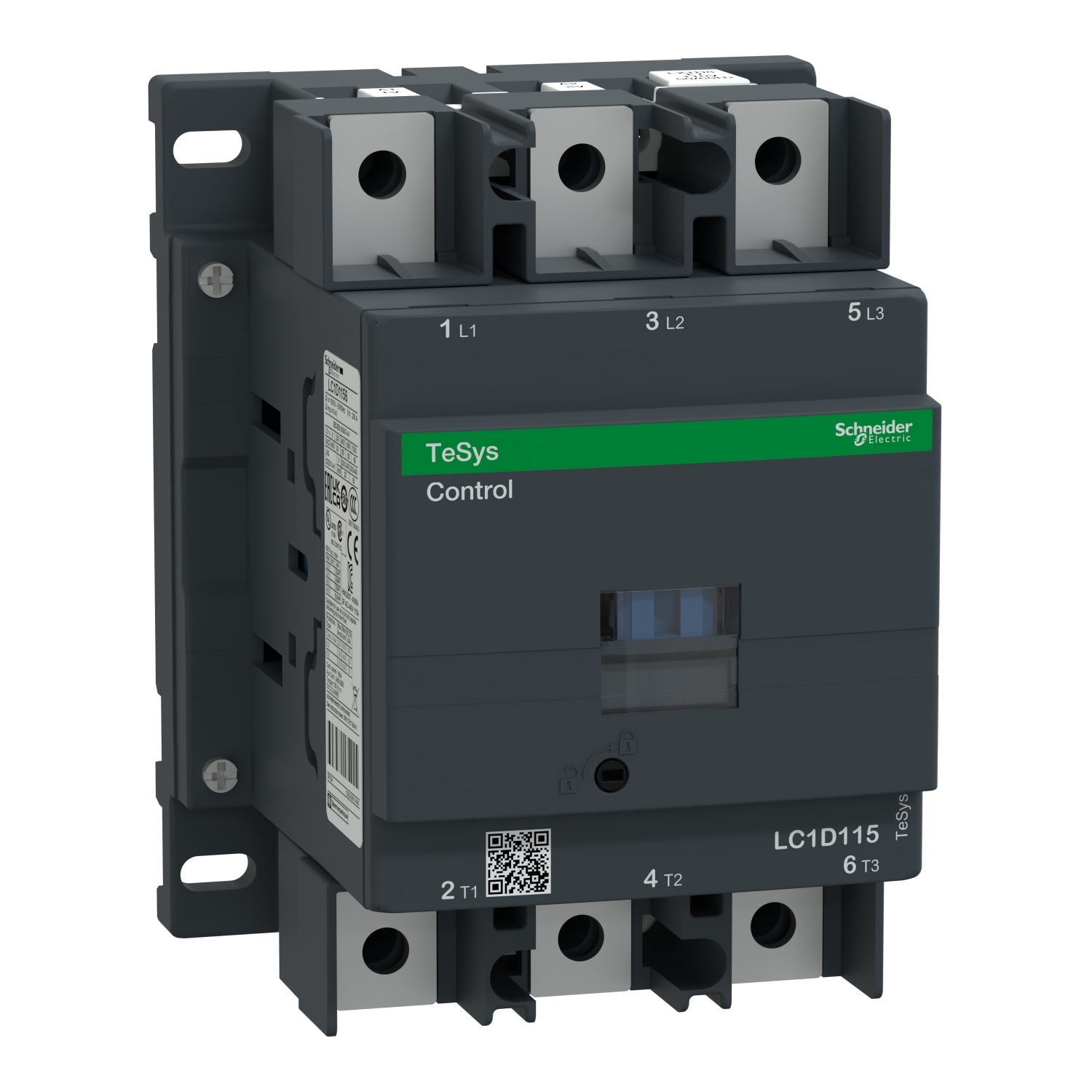 LC1D1156FE7 TeSys D LC1D IEC Contactor With Protective Cover, 115 VAC V Coil, 200 A, 3NO Contact, 3 Poles