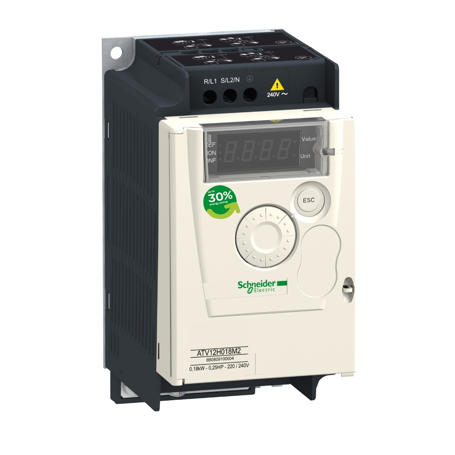 ATV12H037M2 Altivar 1-Phase Variable Speed Drive With Heat Sink, 200 to 240/230 V AC, 4.9/5.9 A, 0.55 hp, 2.83 in W x 4.77 in D