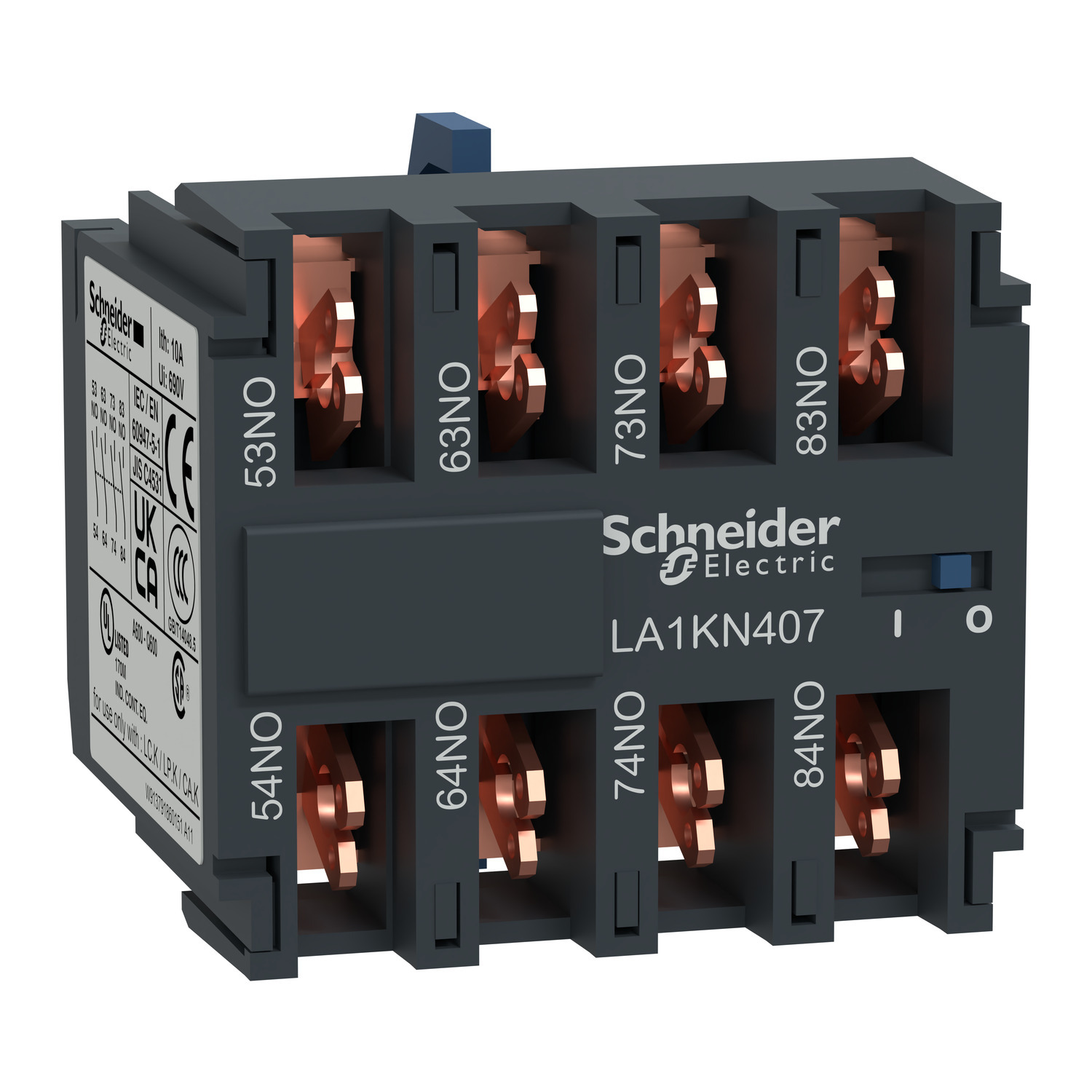 LA1KN407 TeSys K Instantaneous Auxiliary Contact Block, 575 V AC, 10 A, 4NO Contacts, Front Clip-On Mount, For Use With CA2K and CA3K Control Relay
