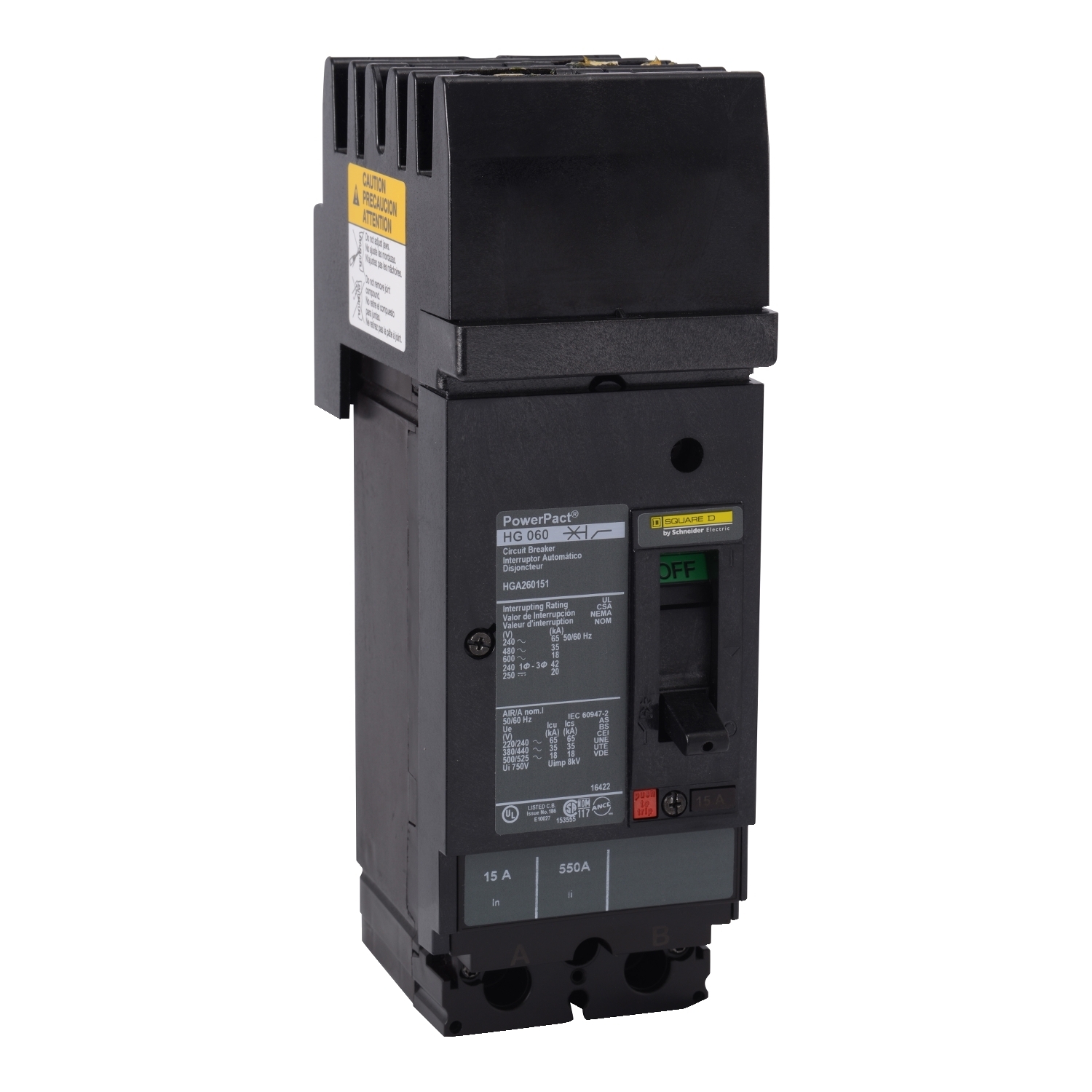 HGA260402 I-Line PowerPact H Type HGA Molded Case Circuit Breaker, 600 V AC/250 to 500 V DC, 40 A, 18/20/35/65 kA Interrupt, 2 Poles, Thermal Magnetic Trip