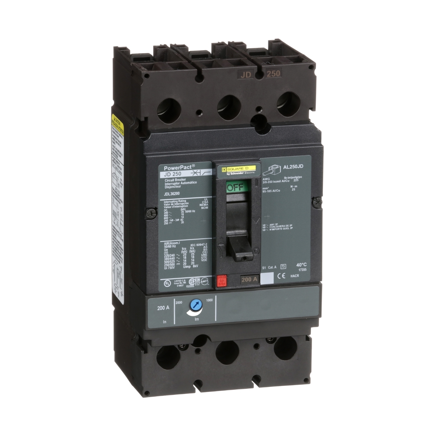 JDL36200 Jdl Molded Case Circuit Breaker, 600 V AC/250 V DC, 200 A, 25 kA at 240 VAC/18 kA at 480 VAC/14 kA at 600 VAC/20 kA at 250VDC Interrupt, 3 Poles, Thermal Magnetic Trip