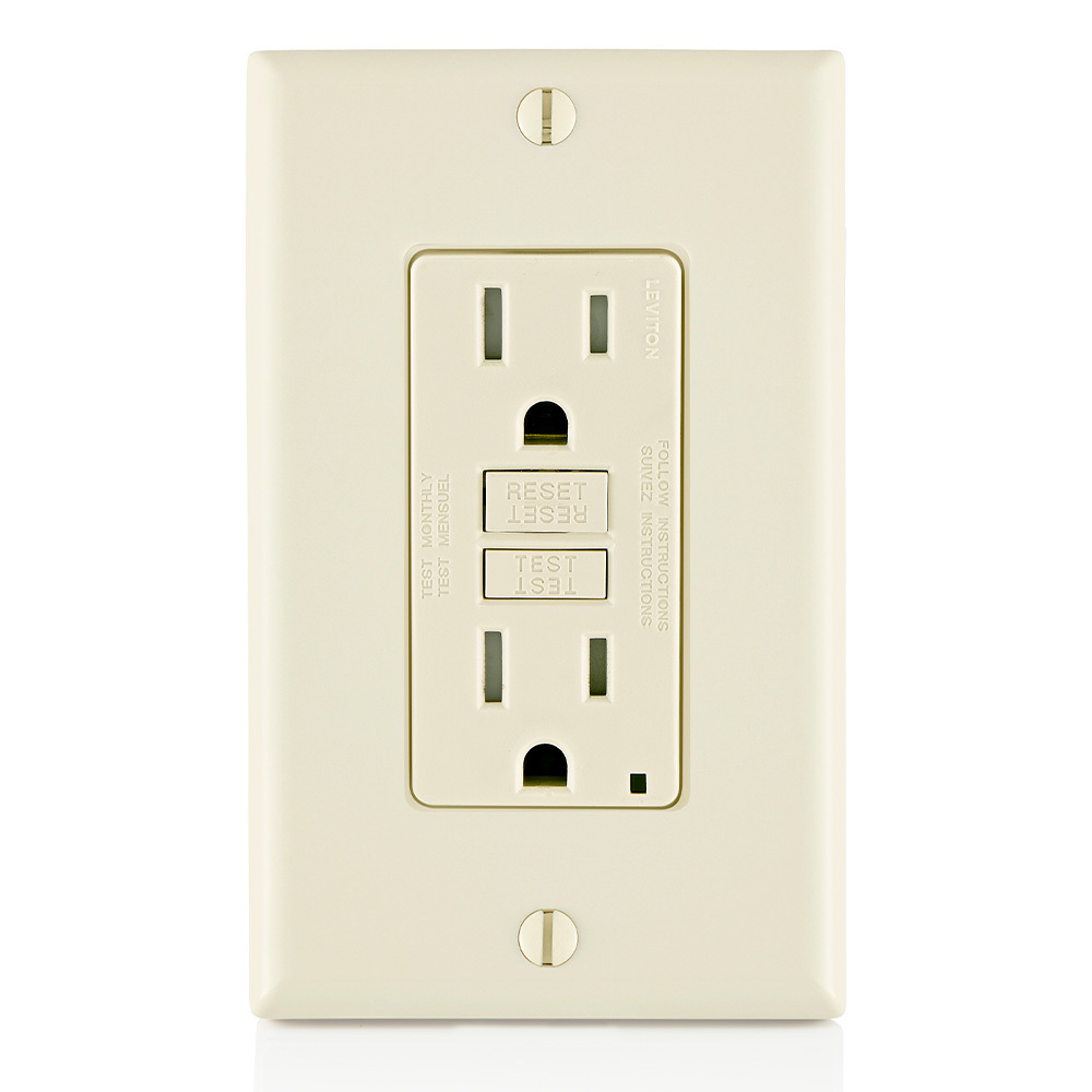 GFTR1-T Duplex Feed Through Self-Test Slim Standard Tamper Resistant GFCI Receptacle With Light Almond Test, Reset Button, 125 V AC, 20 A, 2 Poles, 3 Wires, Light Almond