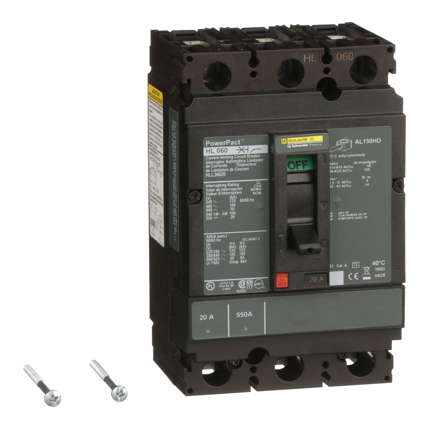 HLL36020 I-Line PowerPact Type HLL Molded Case Circuit Breaker, 600 V AC/250 to 500 V DC, 20 A, 125 kA at 240 VAC/100 kA at 480 VAC/50 kA at 600 VAC/20 kA at 250 VDC/50 kA at 500 VDC Interrupt, 3 Poles, Thermal Magnetic Trip