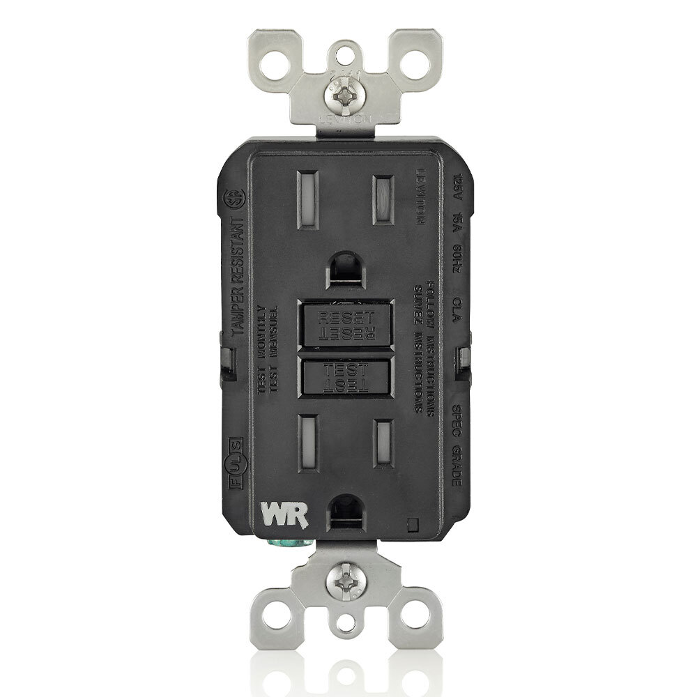GFWT1-E Duplex Feed Through Self-Test Slim Tamper/Weather Resistant GFCI Receptacle With Black Test, Reset Button, 125 V AC, 15 A, 2 Poles, 3 Wires, Black