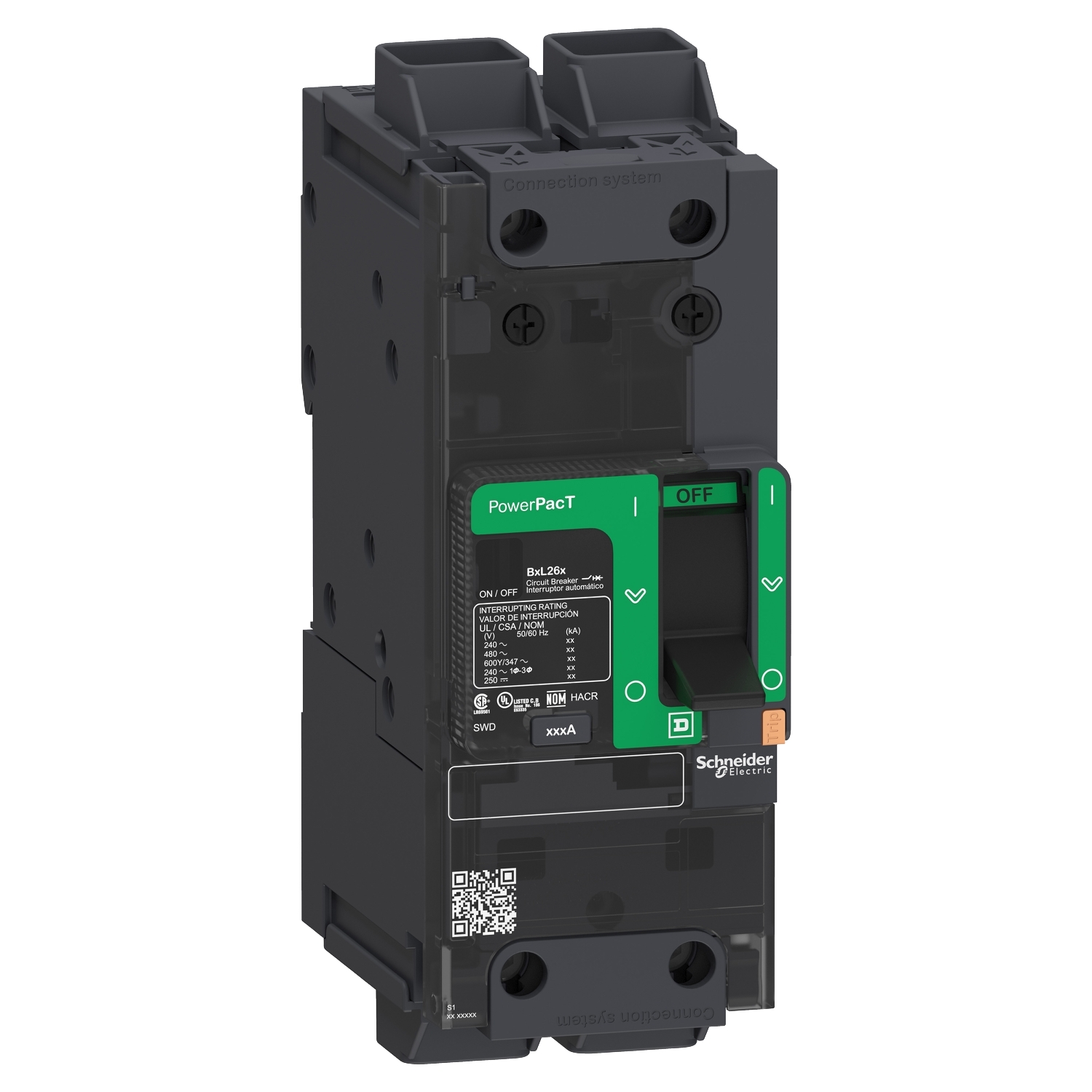 BGL26100 PowerPact EverLink Molded Case Circuit Breaker, 347/600Y V AC, 100 A, 18/35/65 kA Interrupt, 2 Poles, Thermal Magnetic Trip