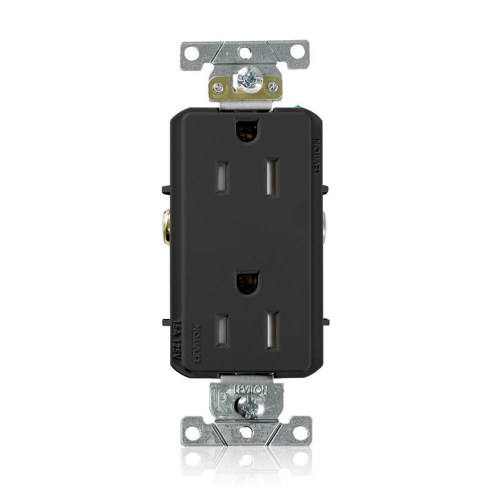 TDR15-E 1-Phase Duplex Heavy Duty Tamper Resistant Straight Blade Receptacle, 125 V AC, 15 A, 2 Poles, 3 Wires, Black