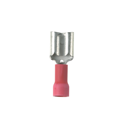 DV18-250B-CY Pan-Term Type DV-B Loose Piece Vibration-Resistant Female Disconnect, 18 AWG Conductor, 0.25 in W x 0.032 in THK Tab, Butted Seam/Funnel Entry Barrel, Brass, Red, Barrel Insulated