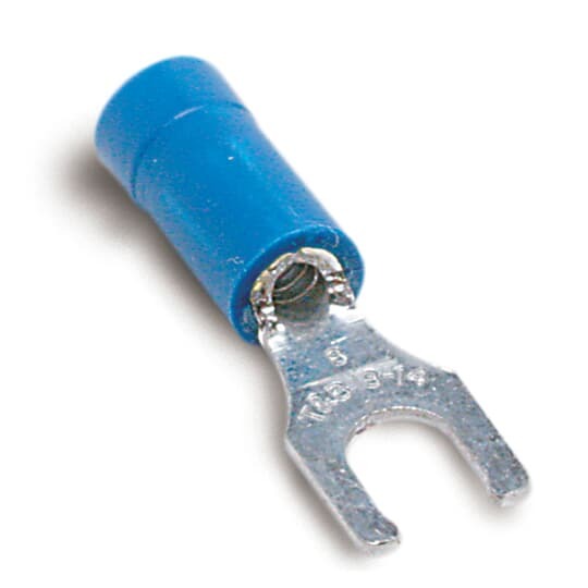 14RB-10FL Sta-Kon RB Series Insulated Fork Terminal, 18 to 14 AWG Conductor, 0.97 in L, Brazed Seam/Serrated Barrel, Copper, Blue