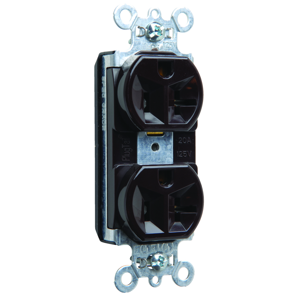 PT5362 PlugTail 20 Amp 125V Spec-Grade Duplex Receptacle, Brown