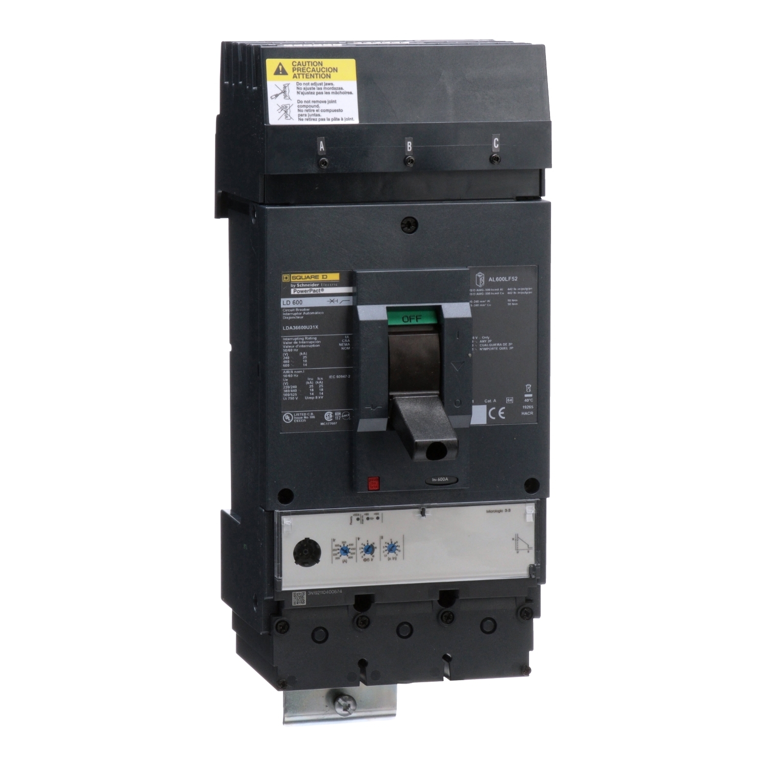LDA36600U31X I-Line PowerPact L Type LDA Standard Molded Case Circuit Breaker, 600 V AC, 600 A, 25 kA at 240 V AC, 18 kA at 480 V AC, 14 kA at 600 V AC Interrupt, 3 Poles, Electronic Trip
