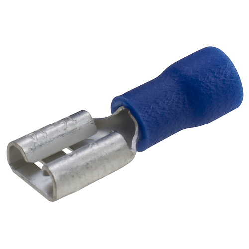 VDFT-14-250-P50 Type VDFT Female Disconnect Terminal, 16 to 14 AWG Conductor, 0.25 x 0.032 in Tab, Brass Alloy, Blue, Insulated
