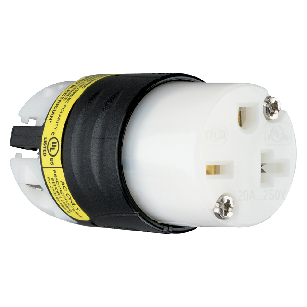 PS5469XGCM Maxgrip Extra Hard Use Ground Continuity Monitoring Straight Blade Connector, 250 V AC, 20 A, 2 Poles, 3 Wires, Black/White