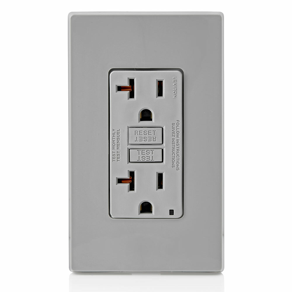 GFNT2-GY SmartlockPro Slim Feed Through Non-Tamper Resistant Self-Test Standard Duplex GFCI Receptacle With LED Indicator, 125 V AC, 20 A, 2 Poles, 3 Wires, Gray
